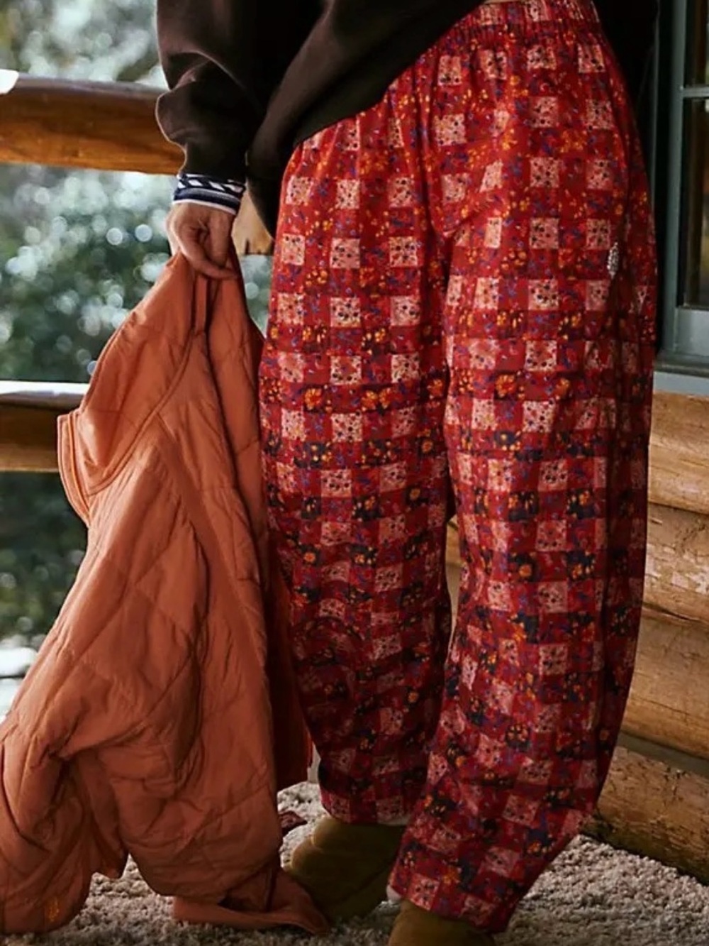 Free People Movement Pants Small Game Day Meadow Red Combo Patchwork Barrel NWT